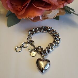 Chico's Chunky Bracelet Puffy Heart Chrystal Charm Adjustable Silverplated 7 1/2